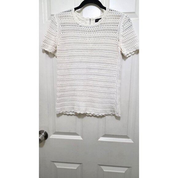 Banana Republic White Crochet Short Sleeve Top Scalloped Edges Back Zipper Women - Picture 1 of 6